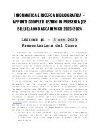 INFORMATICA E RICERCA BIBLIOGRAFICA - APPUNTI COMPLETI LEZIONI IN PRESENZA (DE BELLIS) ANNO ACCADEMICO 2023/2